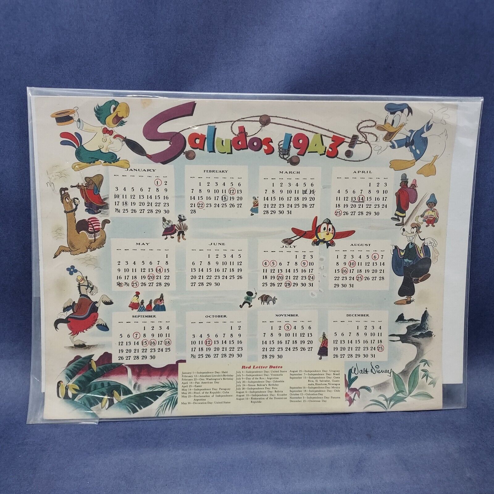 Vintage Disney Saludos 1943 Calendar With Donald Duck & Goofy 10 x 8