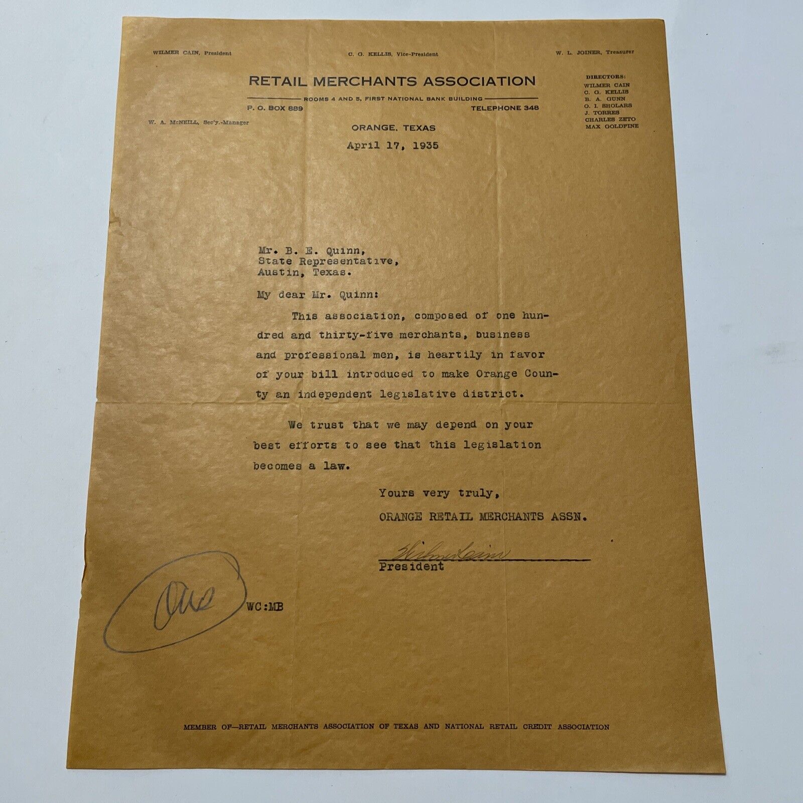 Orange Texas Retail Merchants Association Letter 1935 wilmer cain