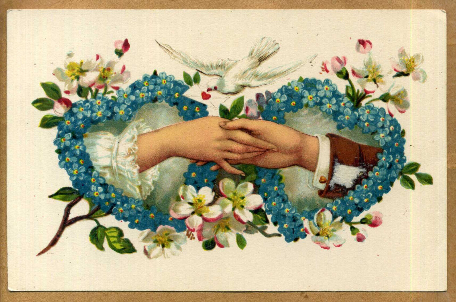 Latvia 1930's Greetings Postcard 'Two hands in love' w/Hearts & Flowers
