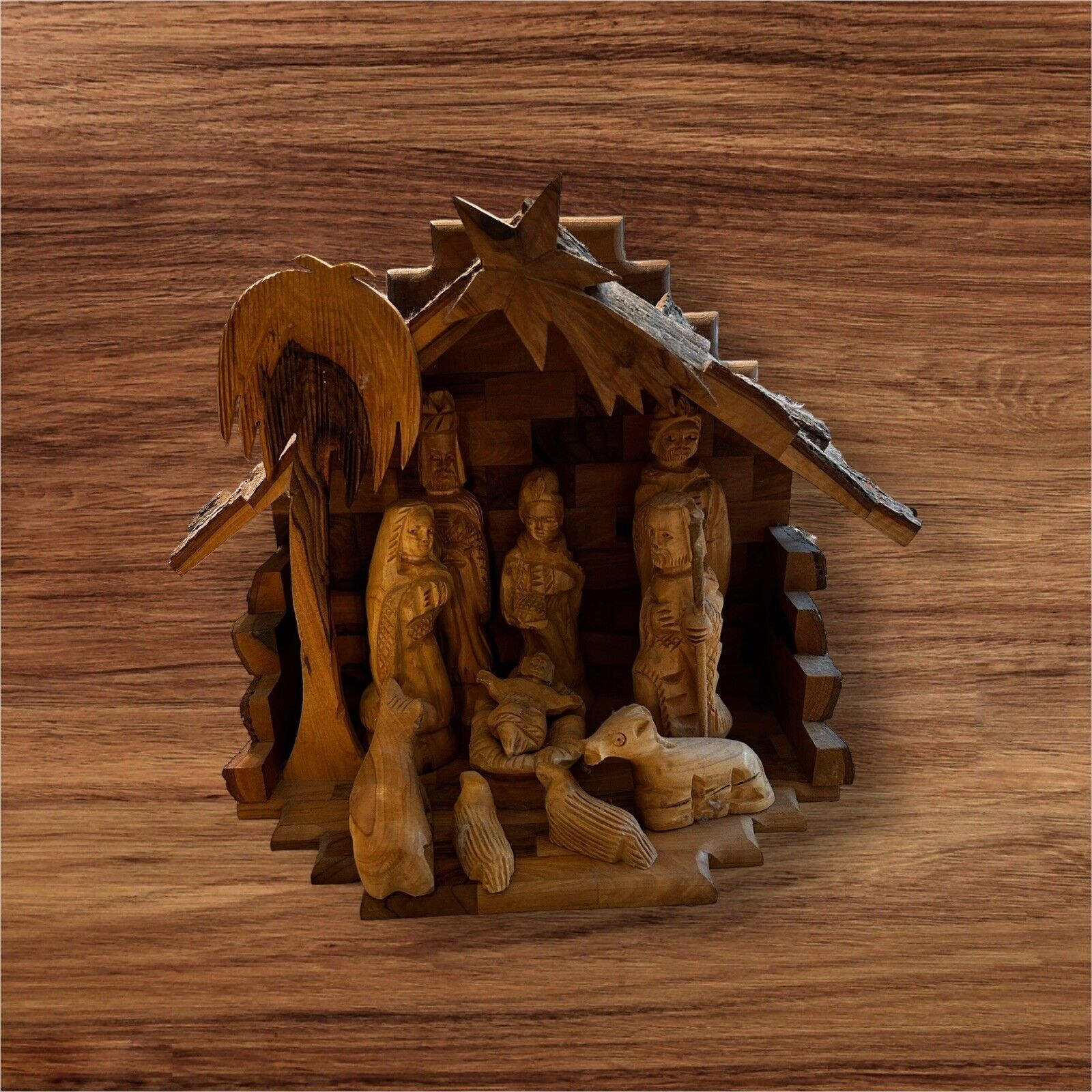 Vintage Hand Carved Olive Wood Nativity Set, Made In Bethlehem, Manger, Jesus