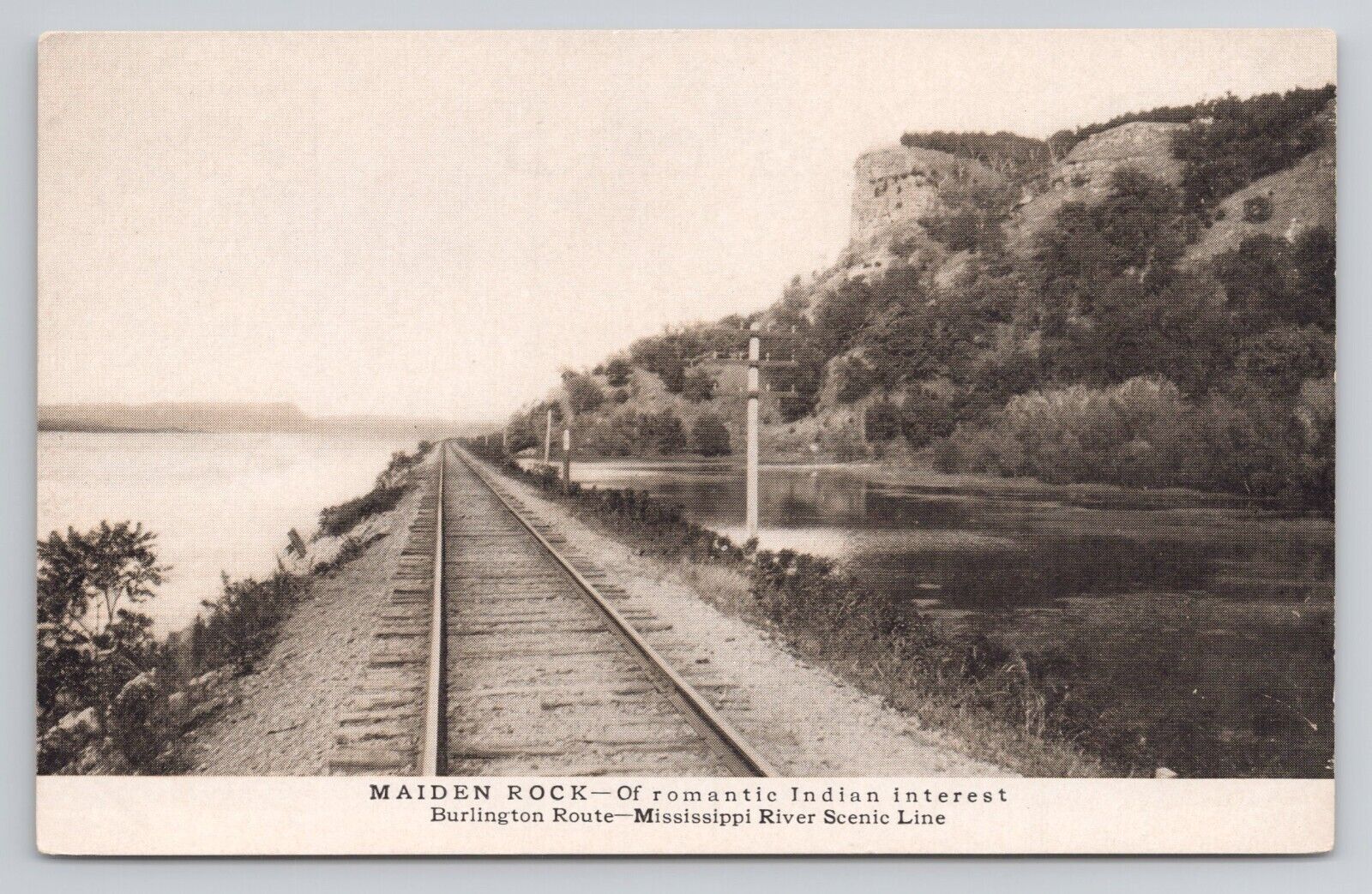 Postcard Railroad Maiden Rock of Romantic Indian Interest Mississippi River