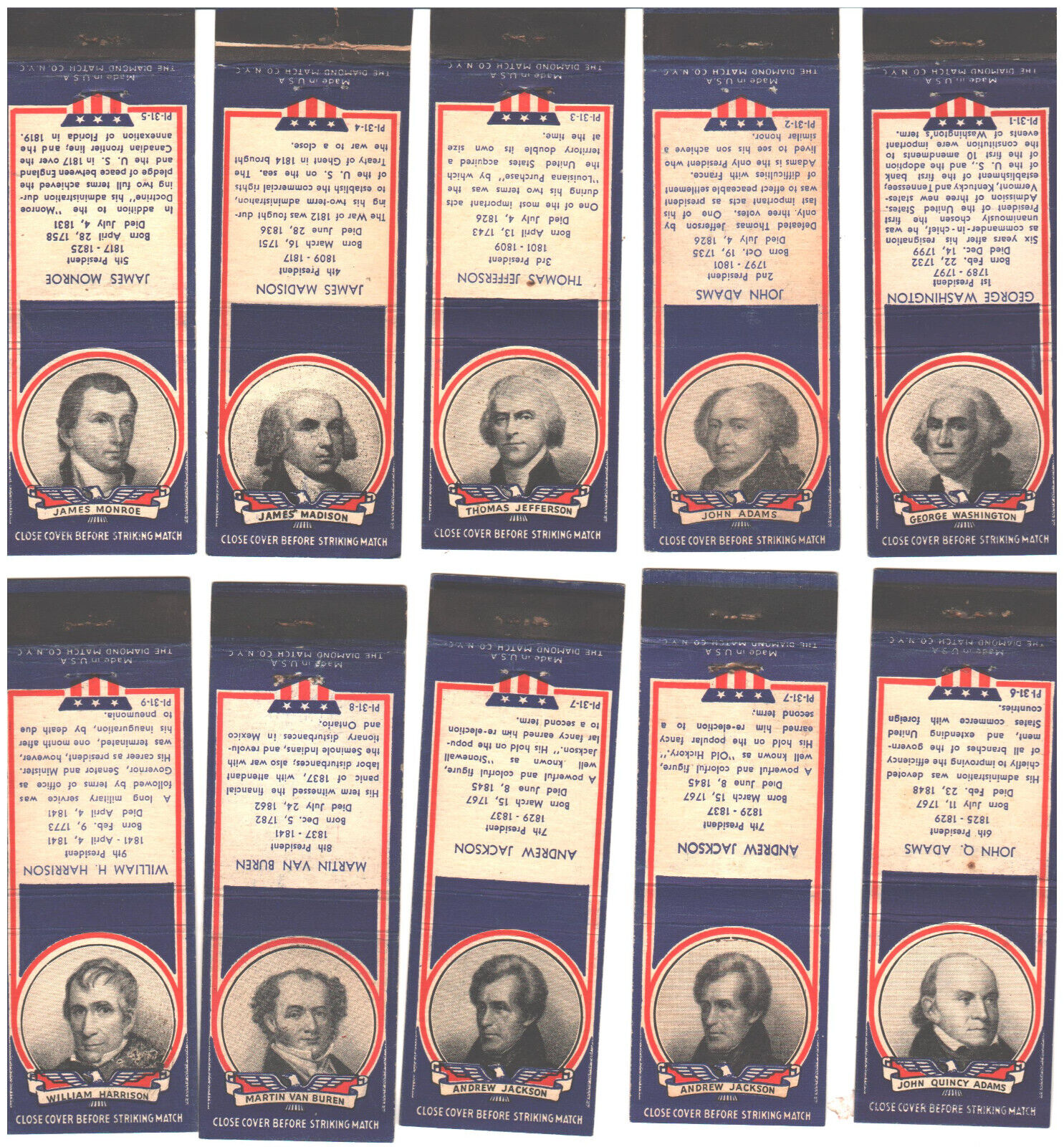 32 Antique Diamond Matchbooks  Presidents Set -  PLUS RARE Andrew Jackson Error