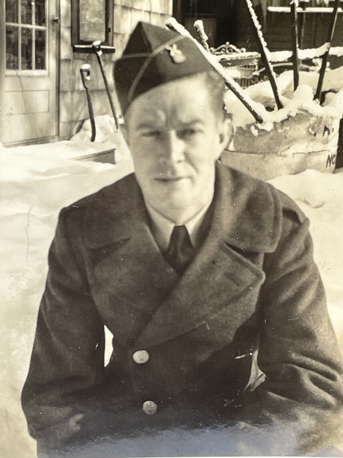 XF Photograph Close Up Portrait Handsome Man Soldier Military Uniform Snow 1940s