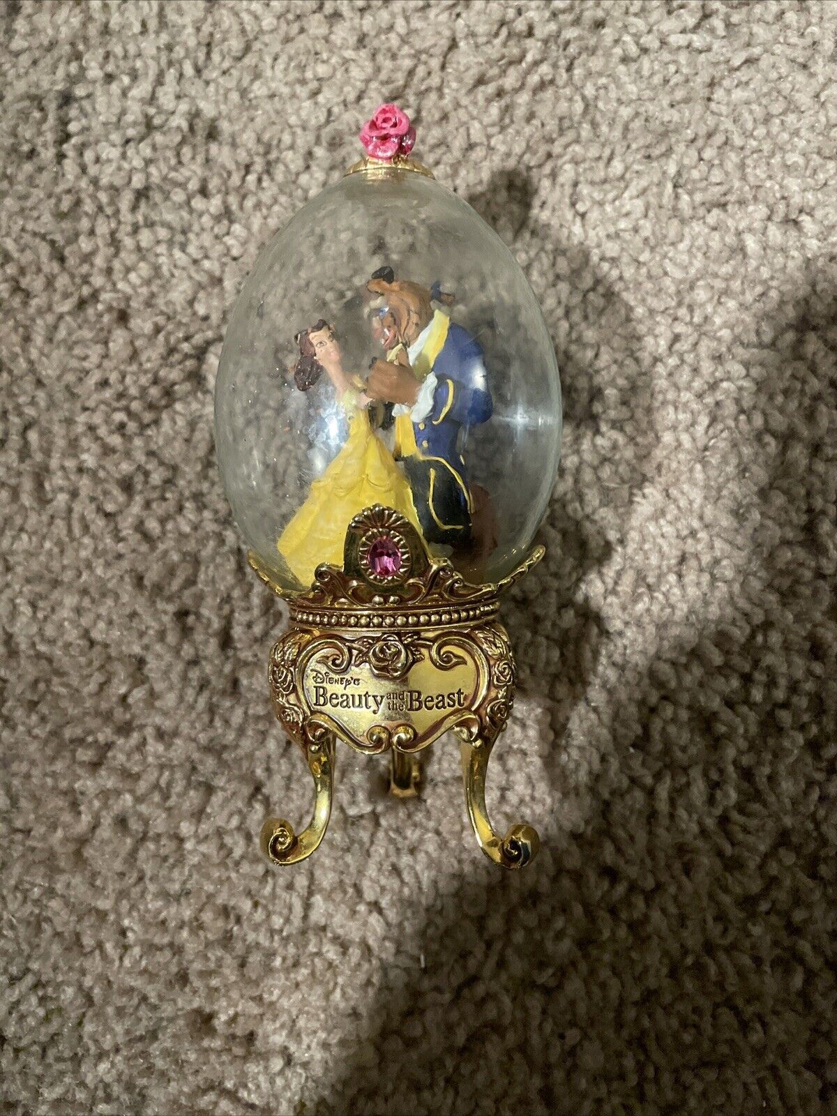 FRANKLIN MINT DISNEY FABERGE GLASS EGG ON  GOLD JEWEL STAND- BEAUTY & THE BEAST