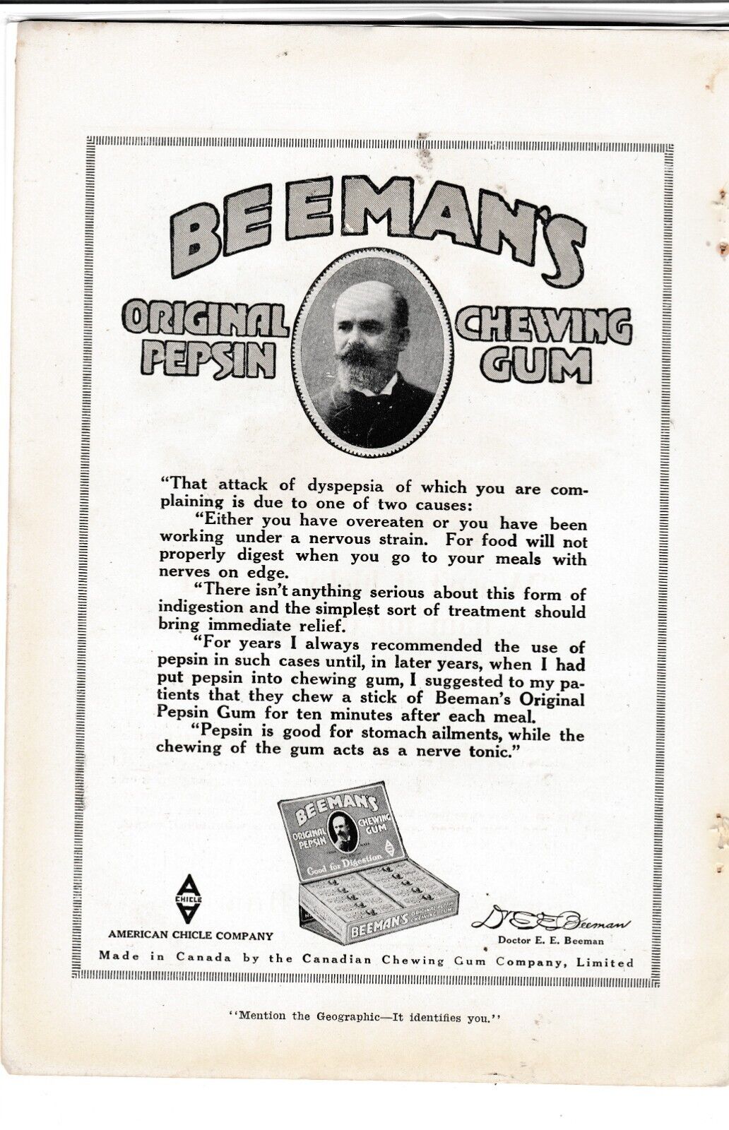 Original 1918 Beeman\'s Pepsin Gum Magazine Ad