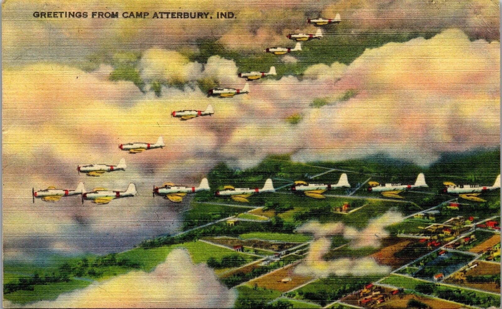 Vtg WWII AF Airplane Postcard Fight Planes V Formation Camp Atterbury IN 1945