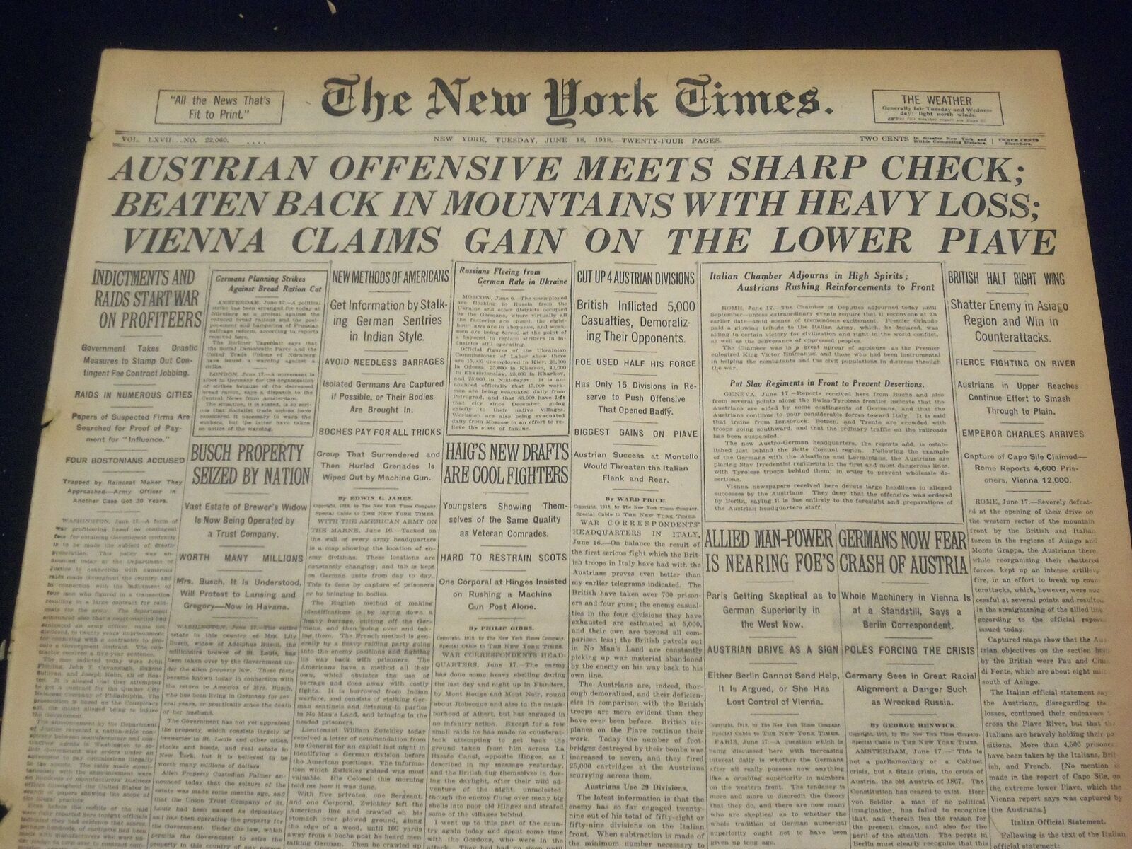 1918 JUNE 18 NEW YORK TIMES - AUSTRIAN OFFENSIVE MEETS SHARP CHECK - NT 9090