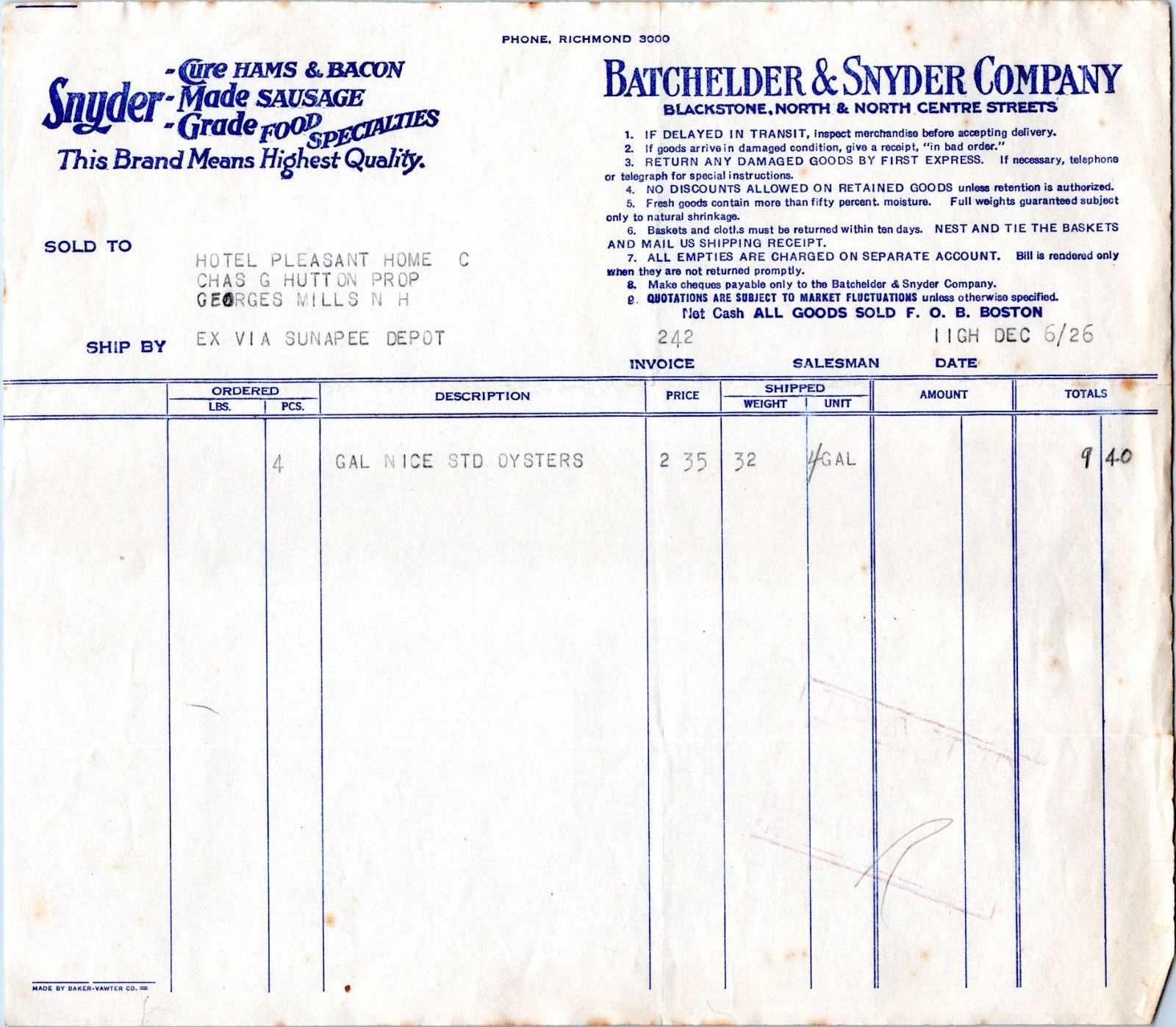 1926 Billhead Batchelder & Snyder Company, Boston Packers- Oysters