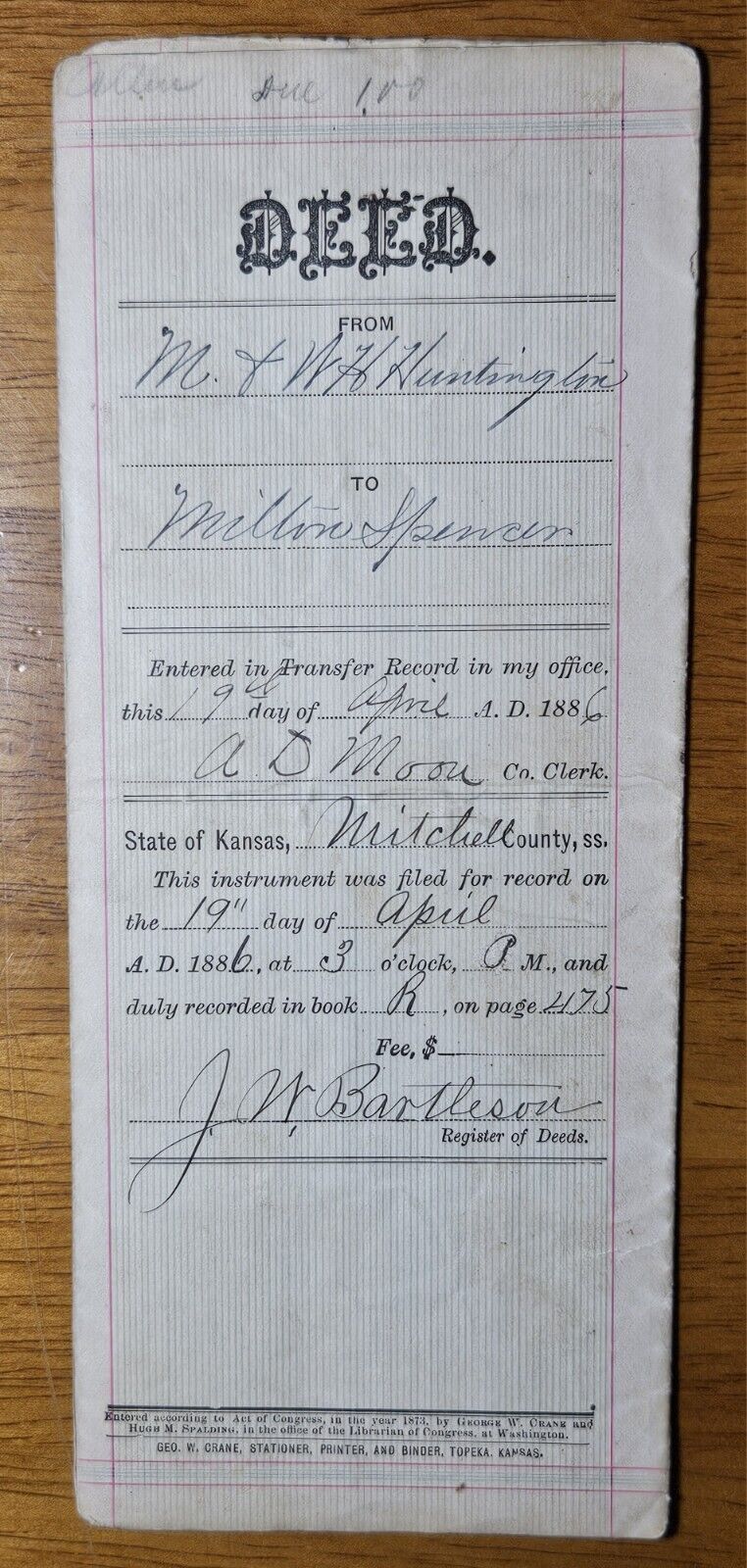 Antique Property Deed 1886 Kansas. Original Hand Written Document