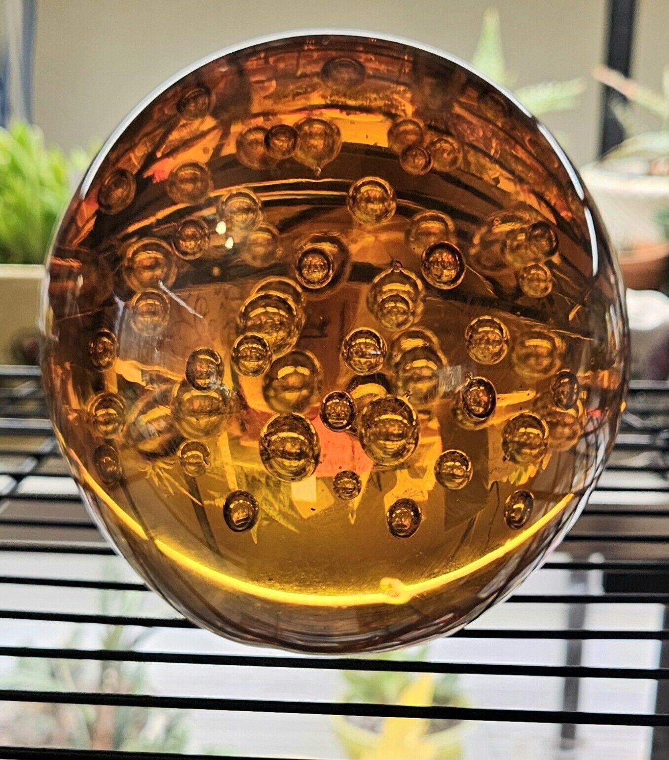 Vtg Amber Glass Controlled bubble Paperweight