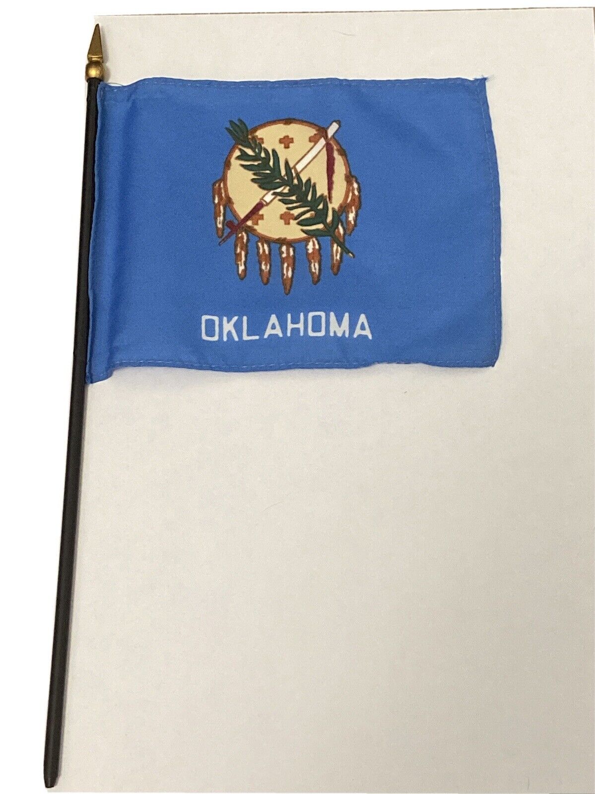 New Oklahoma State Mini Desk Flag - Black Wood Stick Gold Top 4” X 6”