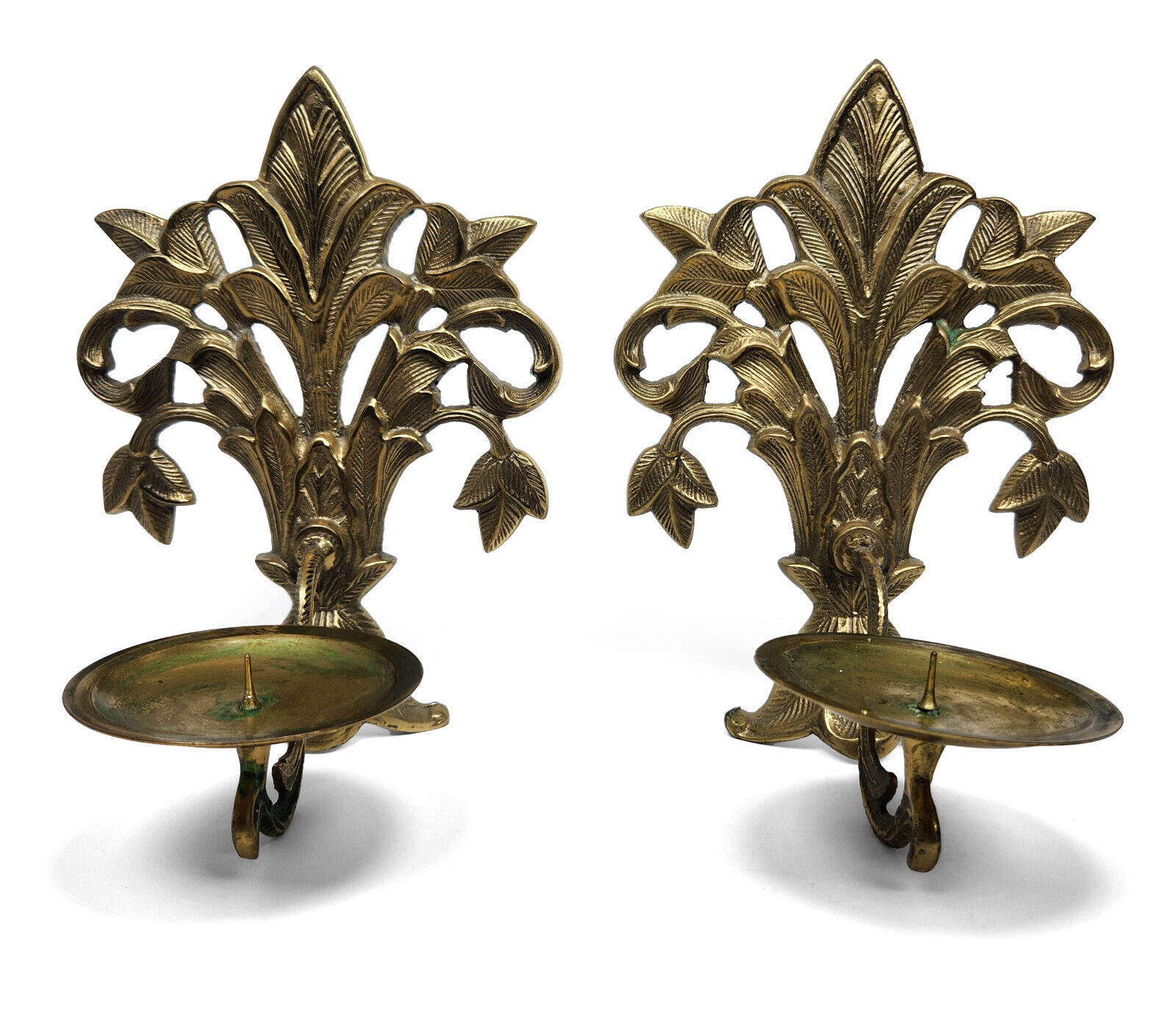 Vintage Pair Solid Brass Leaf Wall Sconces Candle Holders 8.5” Tall