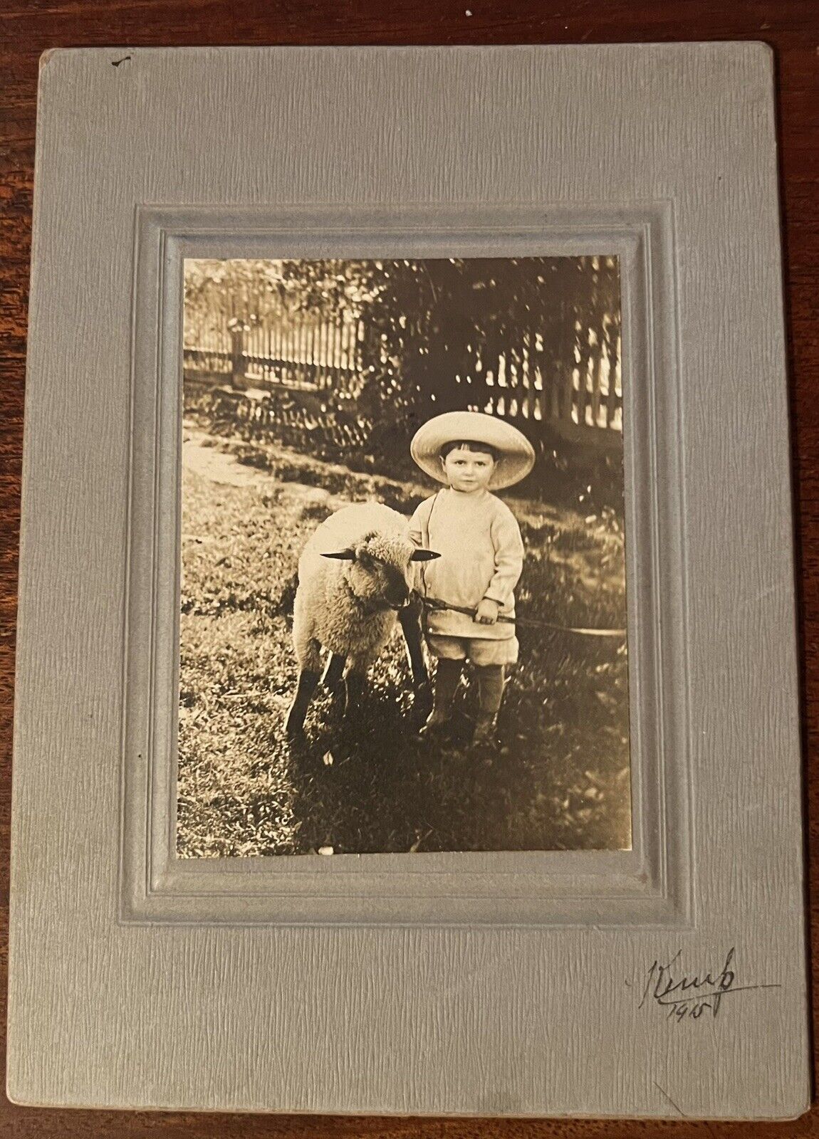 ATQ 1915 Photo on Board Little Boy Wide Brim Hat Lamb Sheep Pastoral