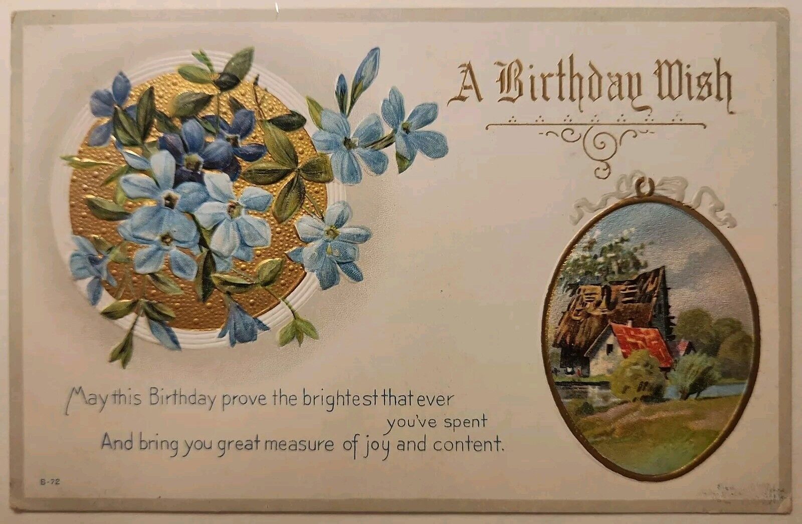 Vintage Postcard 1910's A Happy Birthday Wish Greetings Card House Blue Flowers
