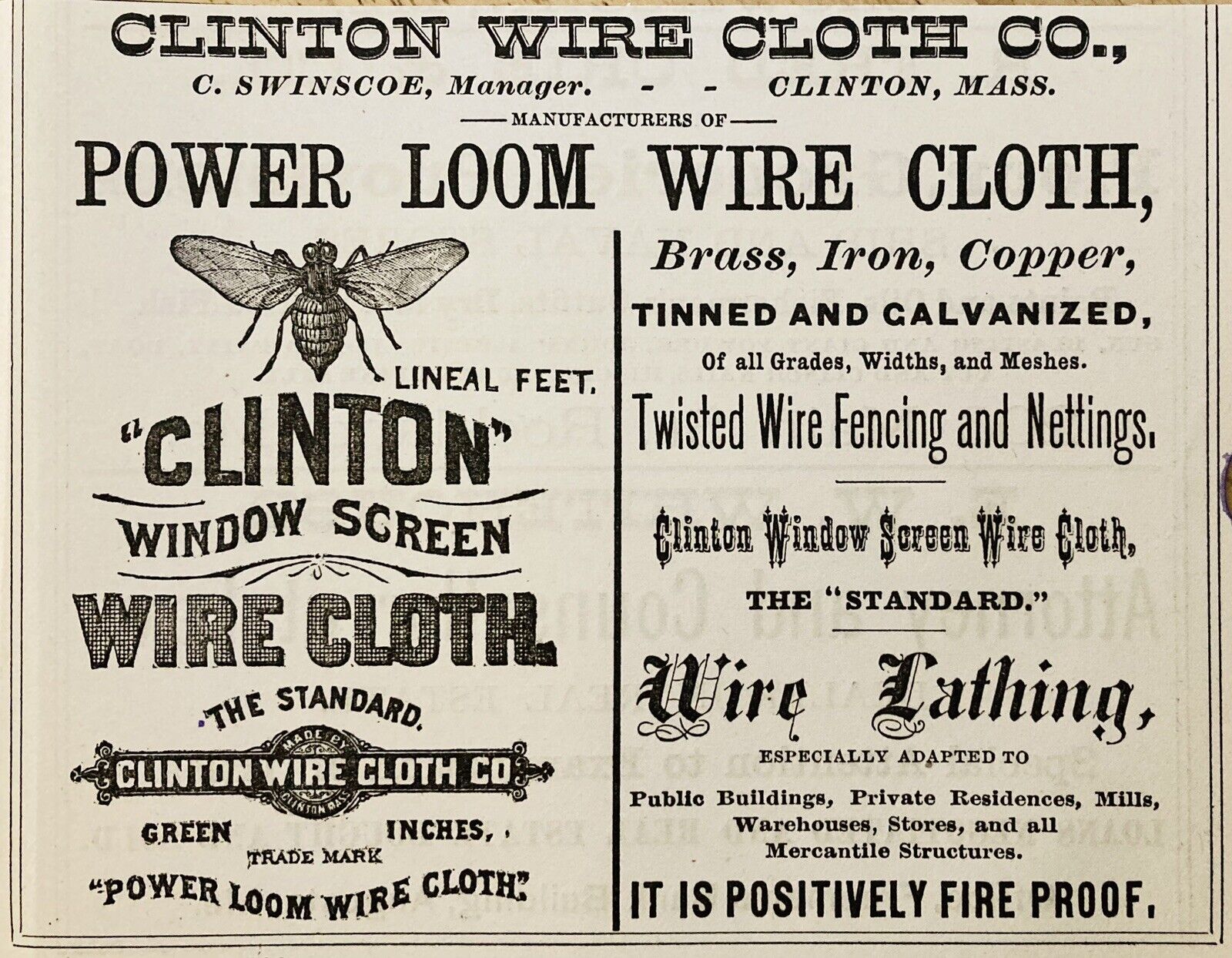 1883 AD(N18)~CLINTON WIRE CLOTH CO. CLINTON, MASS. POWER LOOM WIRE CLOTH