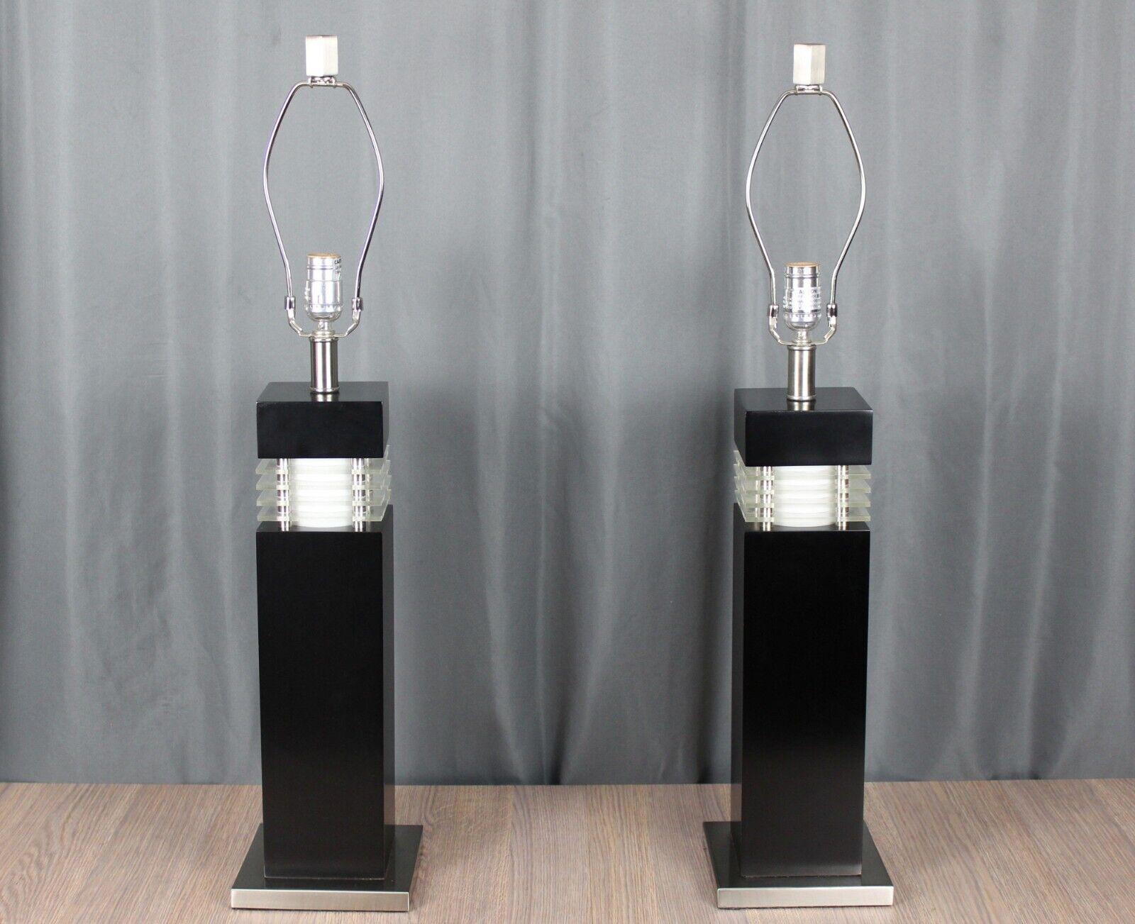 Pair black brushed metal plastic table lamps Karl Springer post modern style 31\