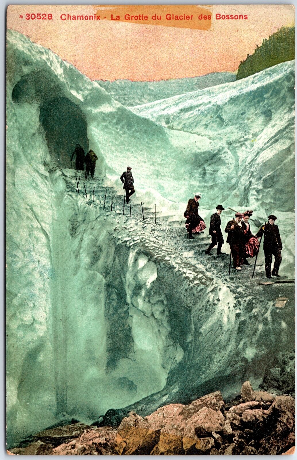 VINTAGE POSTCARD THE GLACIAL ICE CAVES IN THE CHAMONIX VALLEY OF FRANCE c. 1907