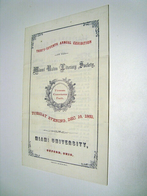 1862 Miami University Literary Society Booklet, Oxford, Ohio