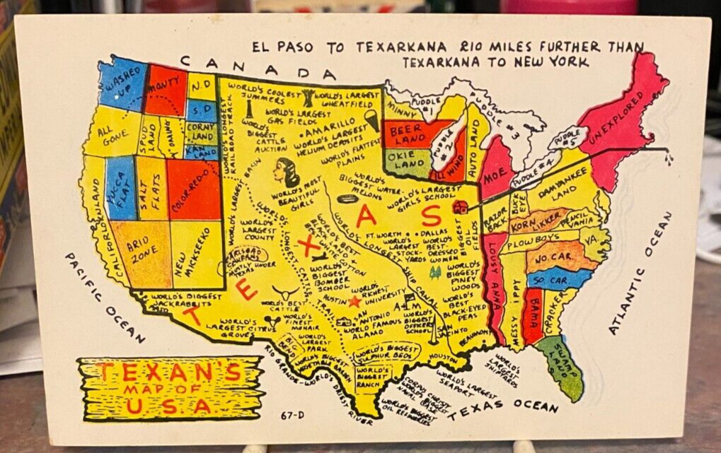 Vintage LAFF GRAM Humorous Postcard TEXAN\'S MAP OF U. S. A. 67-D