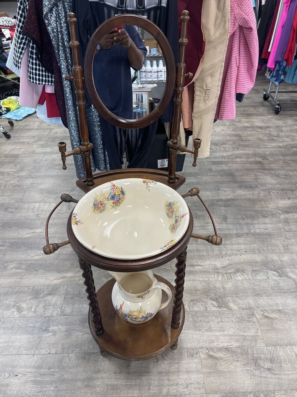 Antique Victorian English Wash Basin and Pitcher with Wood Stand and Mirror