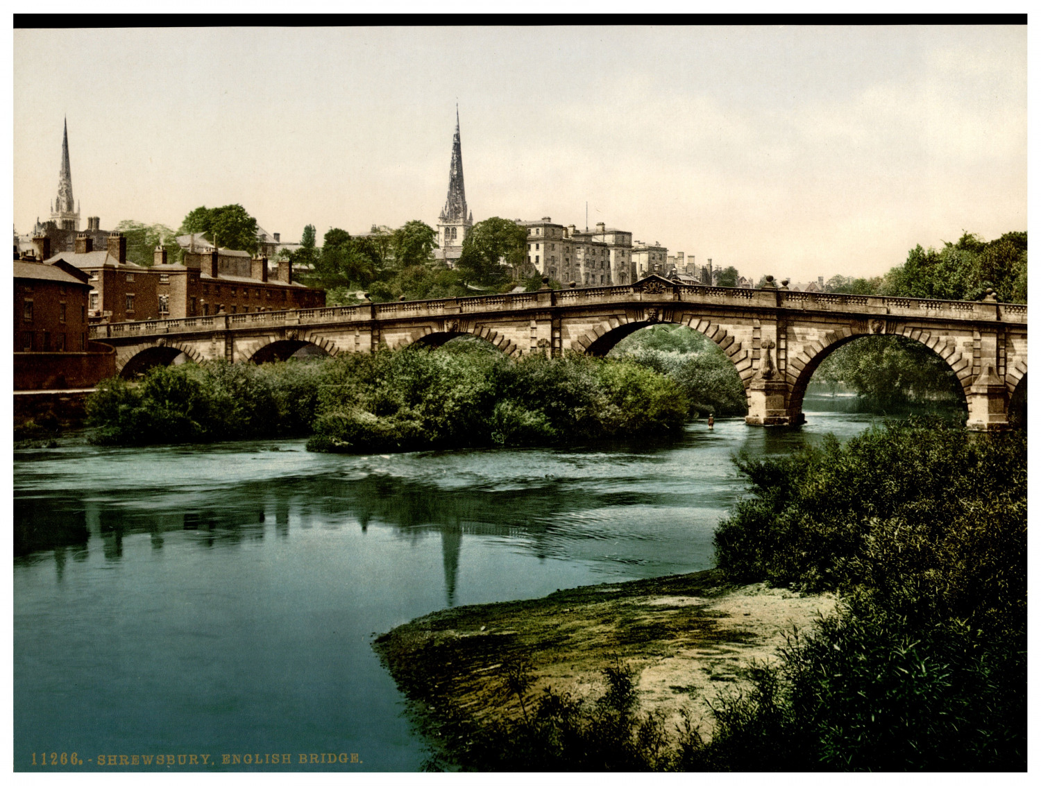 England. Shrewsbury. English Bridge. Vintage Photochrome by P.Z, Photochrome Zu