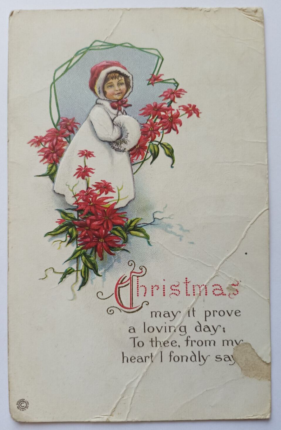 Antique 1910 Christmas Message Girl Winter Scene Holly Flowers Posted Postcard