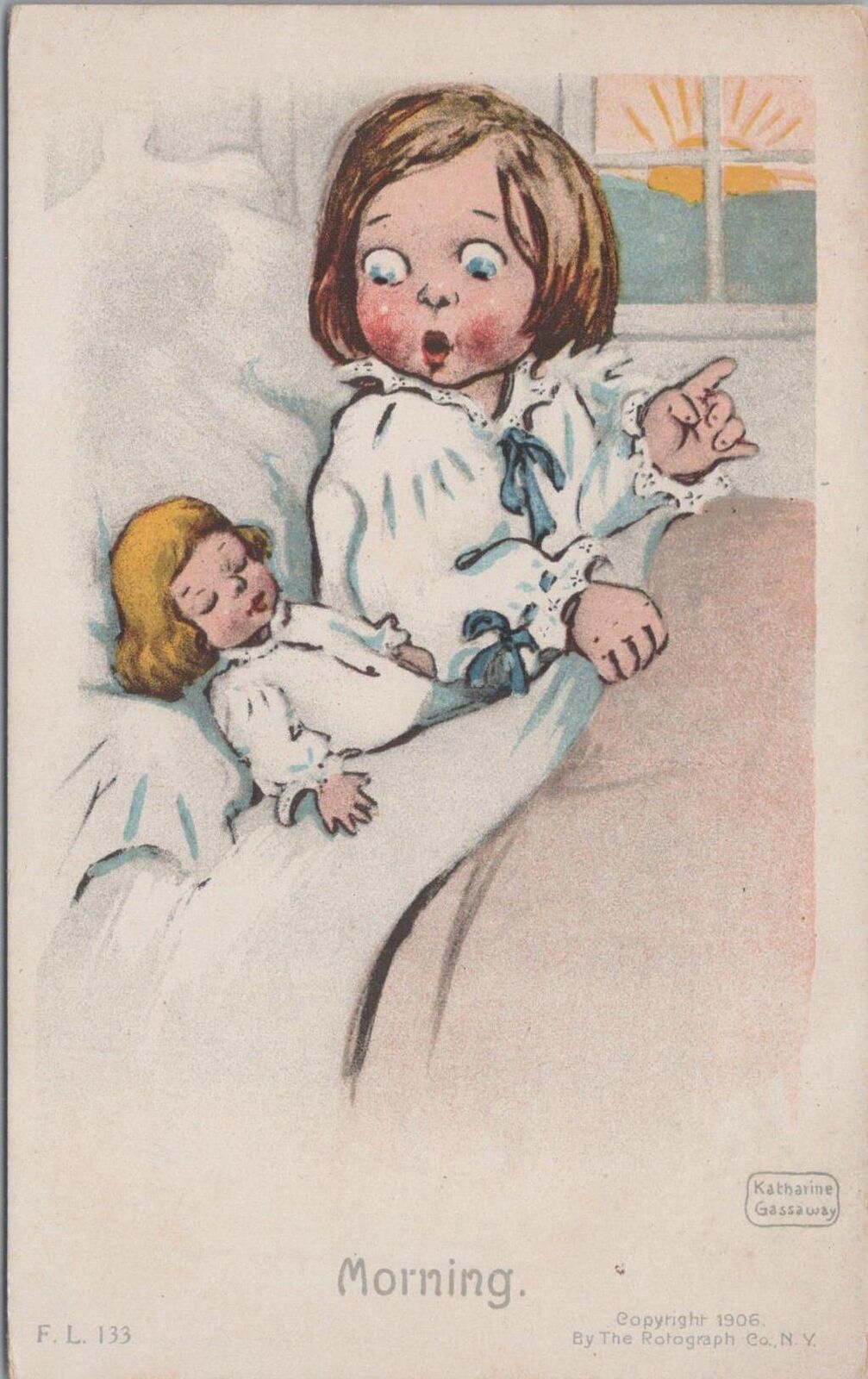 Artist Postcard Morning Little Girl + Doll Katharine Gassaway
