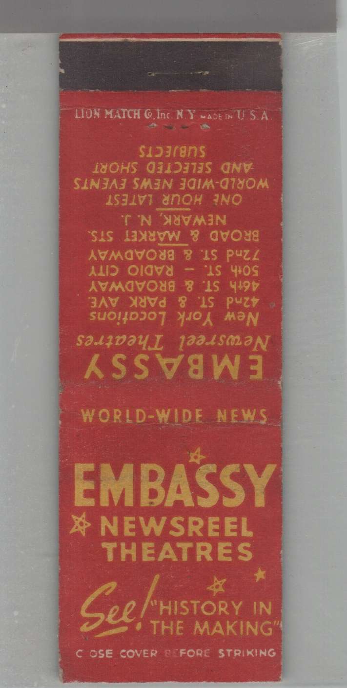 Matchbook Cover - Movie Theatre - Embassy Newsreel Theatres