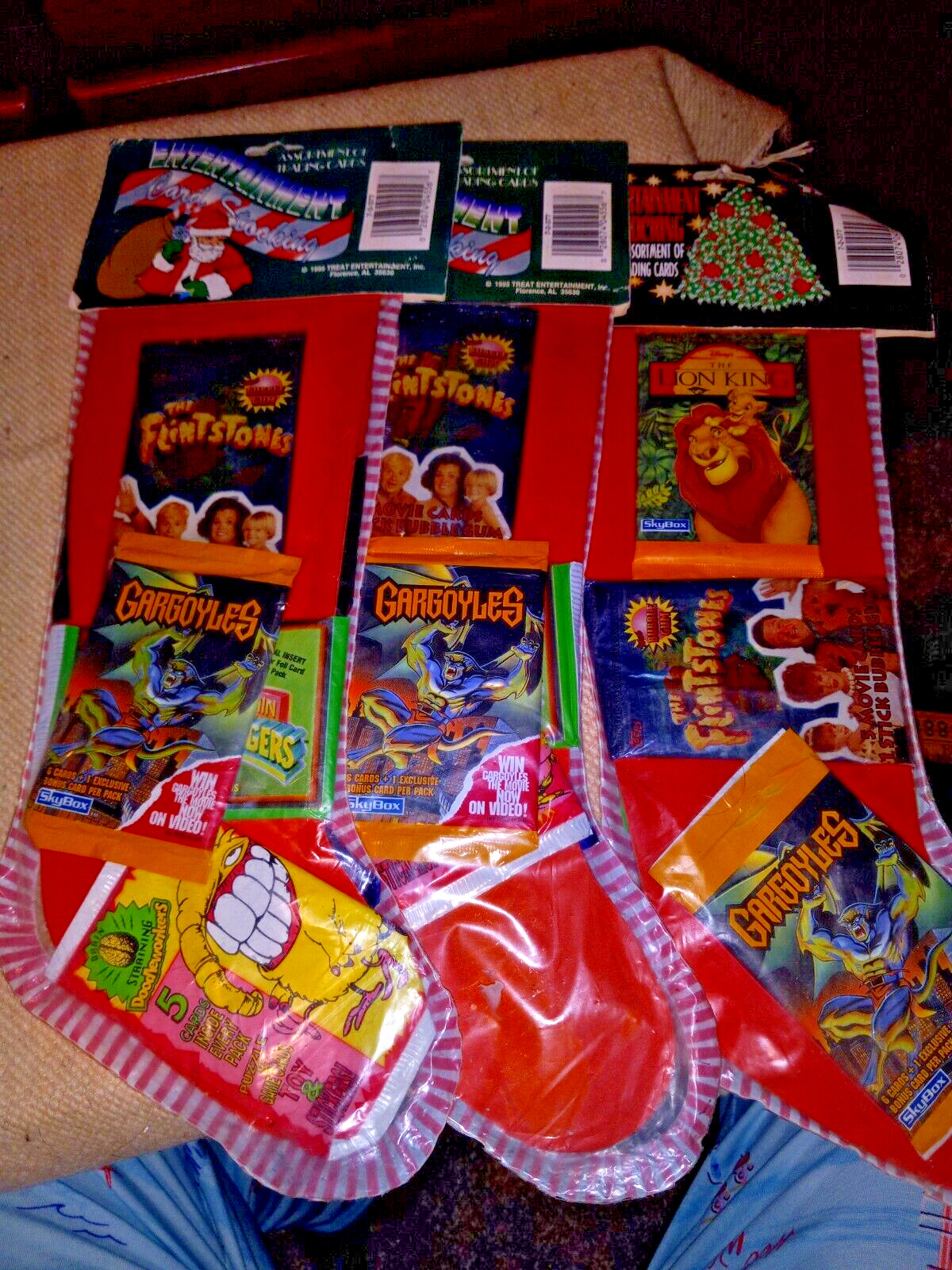 3 Vtg  Christmas Plastic Stockings filled with packs of 1995 trading cards