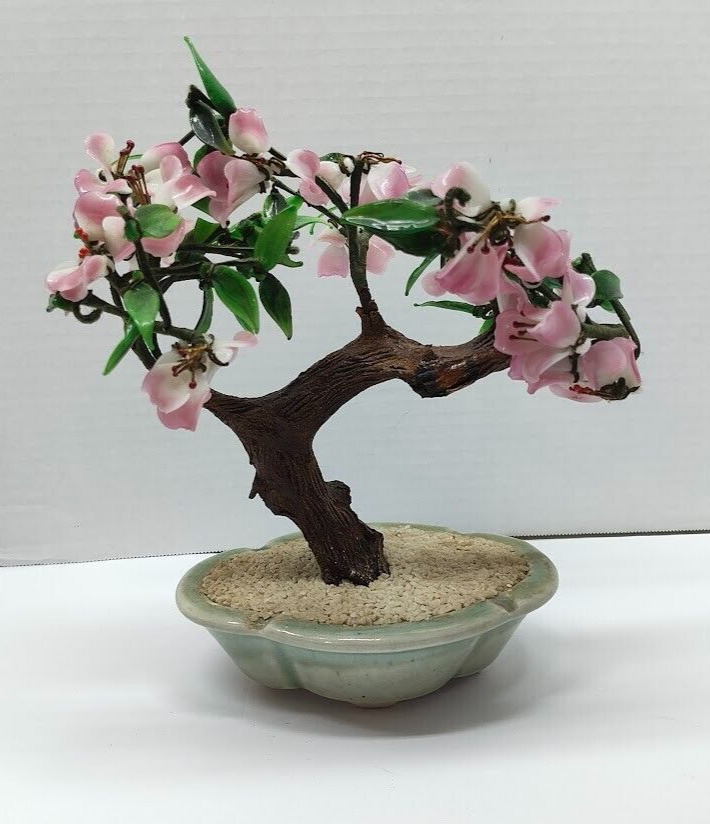 Vintage Chinese Peking Glass Stone Jade Cherry Blossom Bonsai Tree Pink Flowers