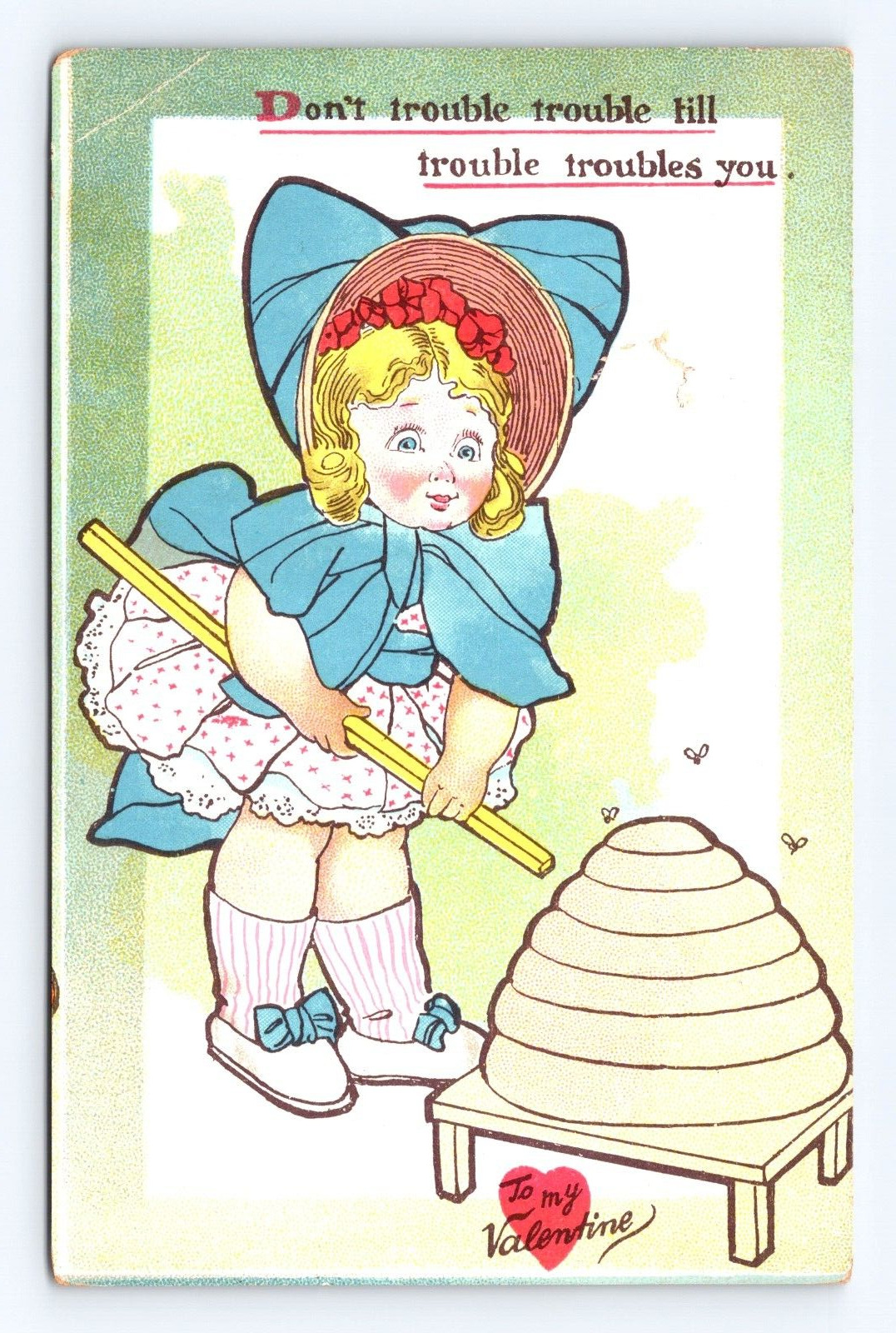 Vintage Old Postcard Valentine Girl Bonnet Bee Hive TUCK\'s Vintage 1910\'s