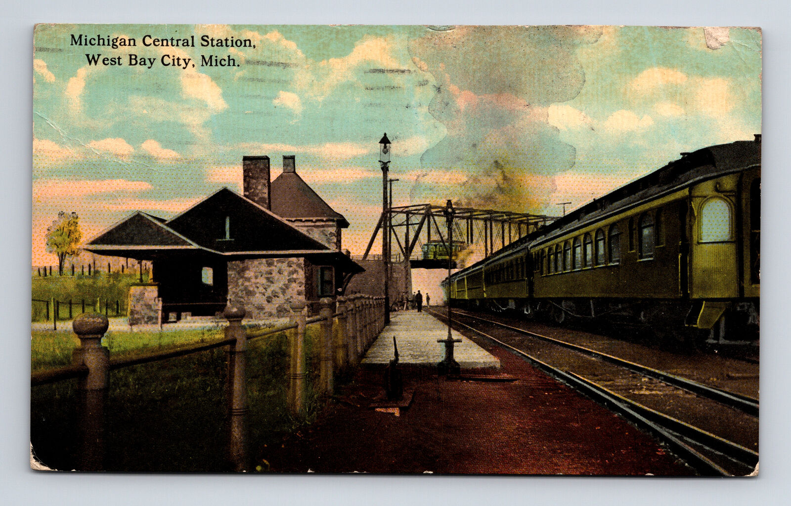 1919 Michigan Central Station Train Depot Bridge West Bay City MI Postcard