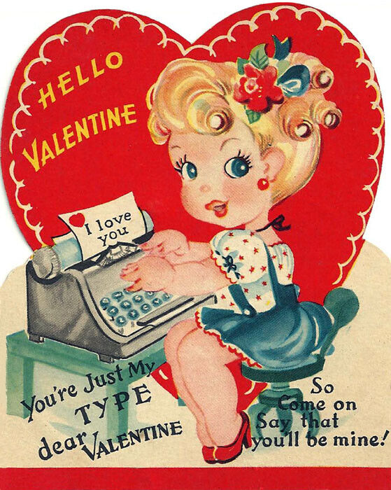 Vintage-style MAGNET Valentine\'s Day Girl Typing a Loving Message - BRAND NEW