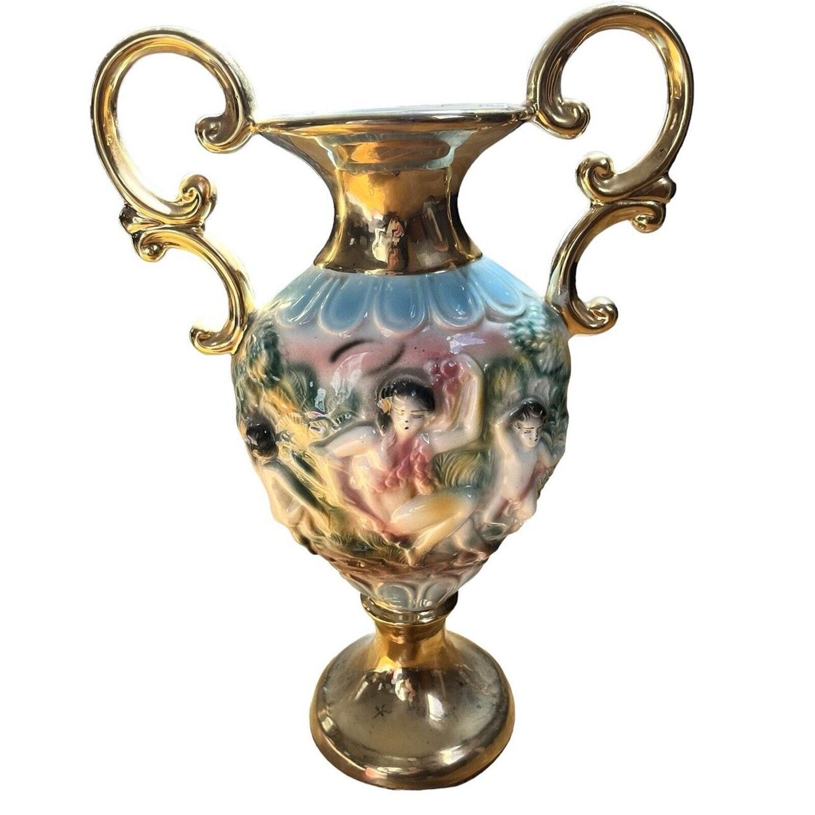 Vintage Vase Made in Italy Cherub 3d Gold Handles Hand Decorated White Elegant