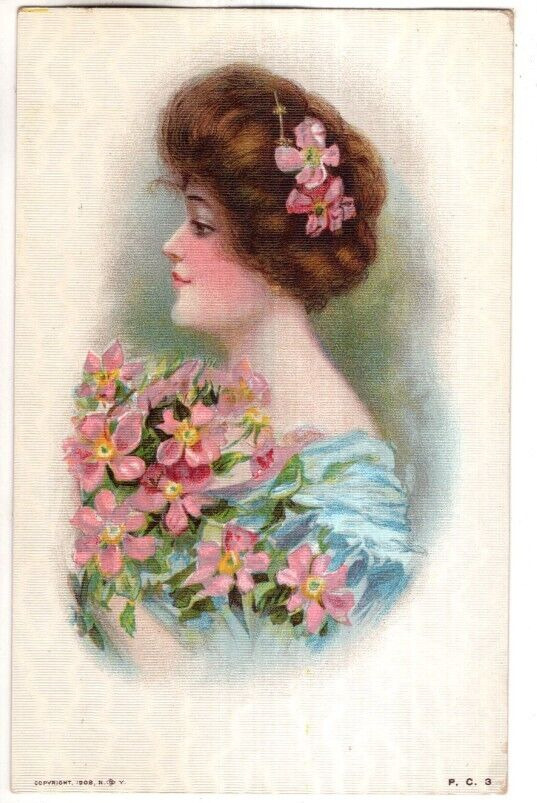 ANTIQUE Postcard   PROFILE OF YOUNG LADY IN BLUE, FLOWERS IN HER HAIR