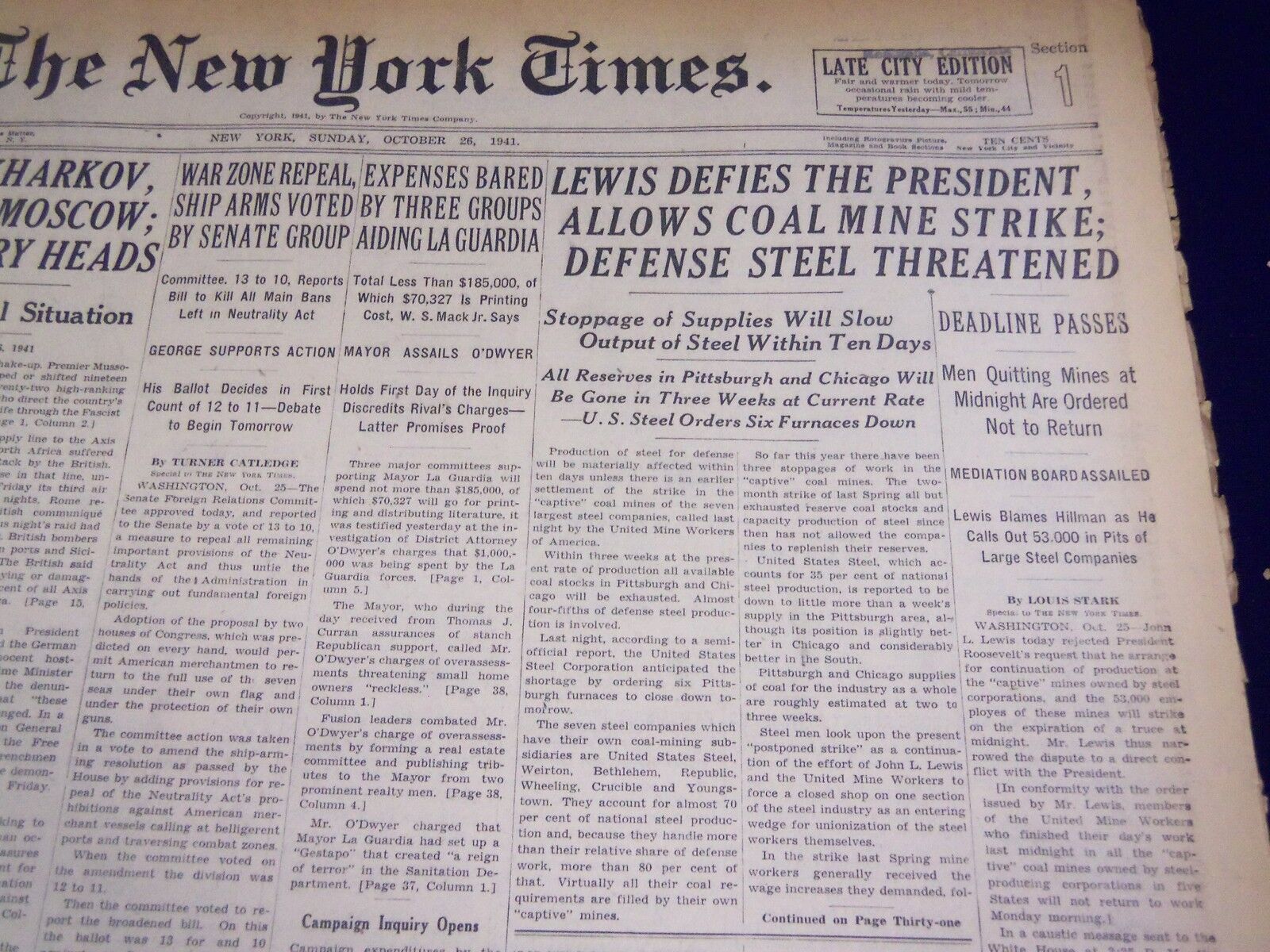 1941 OCT 26 NEW YORK TIMES - LEWIS DEFIES PRESIDENT, COAL MINERS STRIKE- NT 1380
