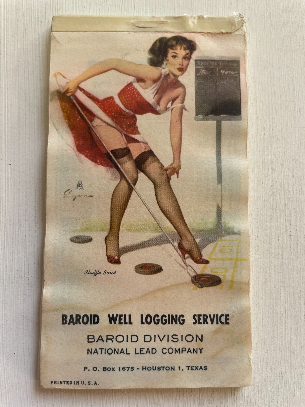 1962 Pinup Girl Advertising Notepad- Brunette Playing Shuffle Board by Elvgren