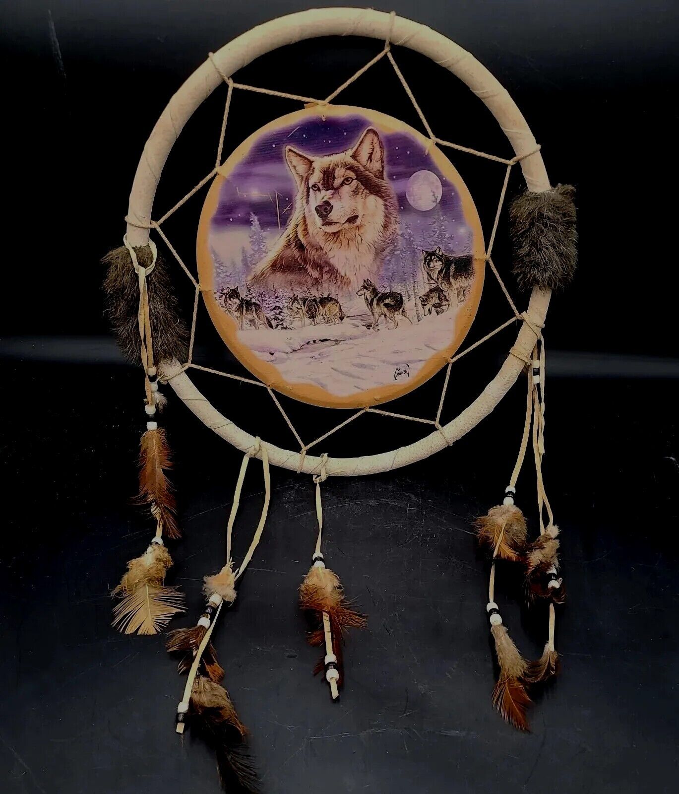 Vingage Dream catcher Al Agnew hand painted Dreams of Wild Spirits Wolf pack 13\