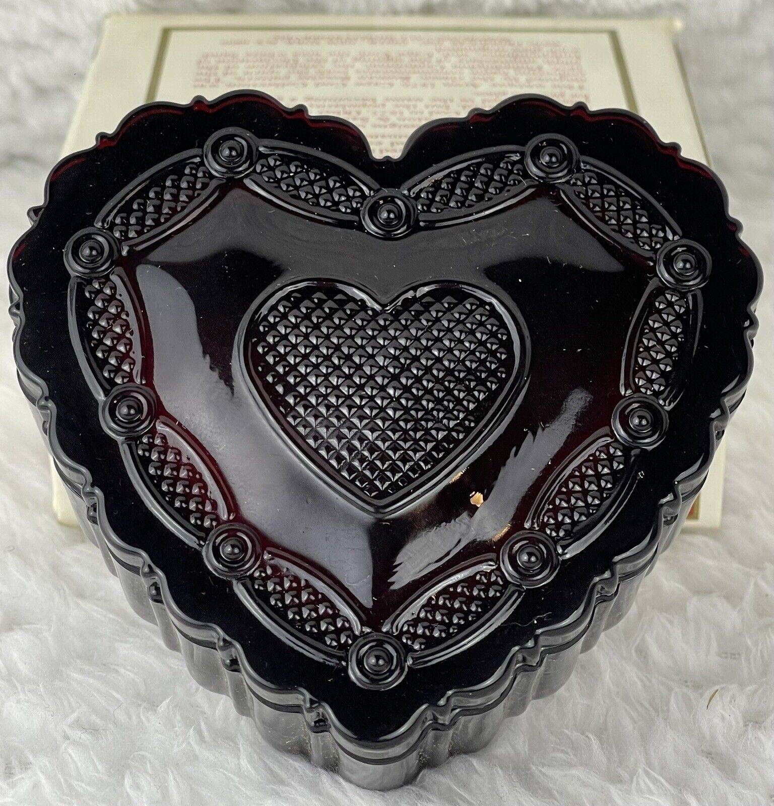 Vtg AVON 1876 Cape Cod Heart Trinket Box Ruby Red Cut Glass Dish W/Lid