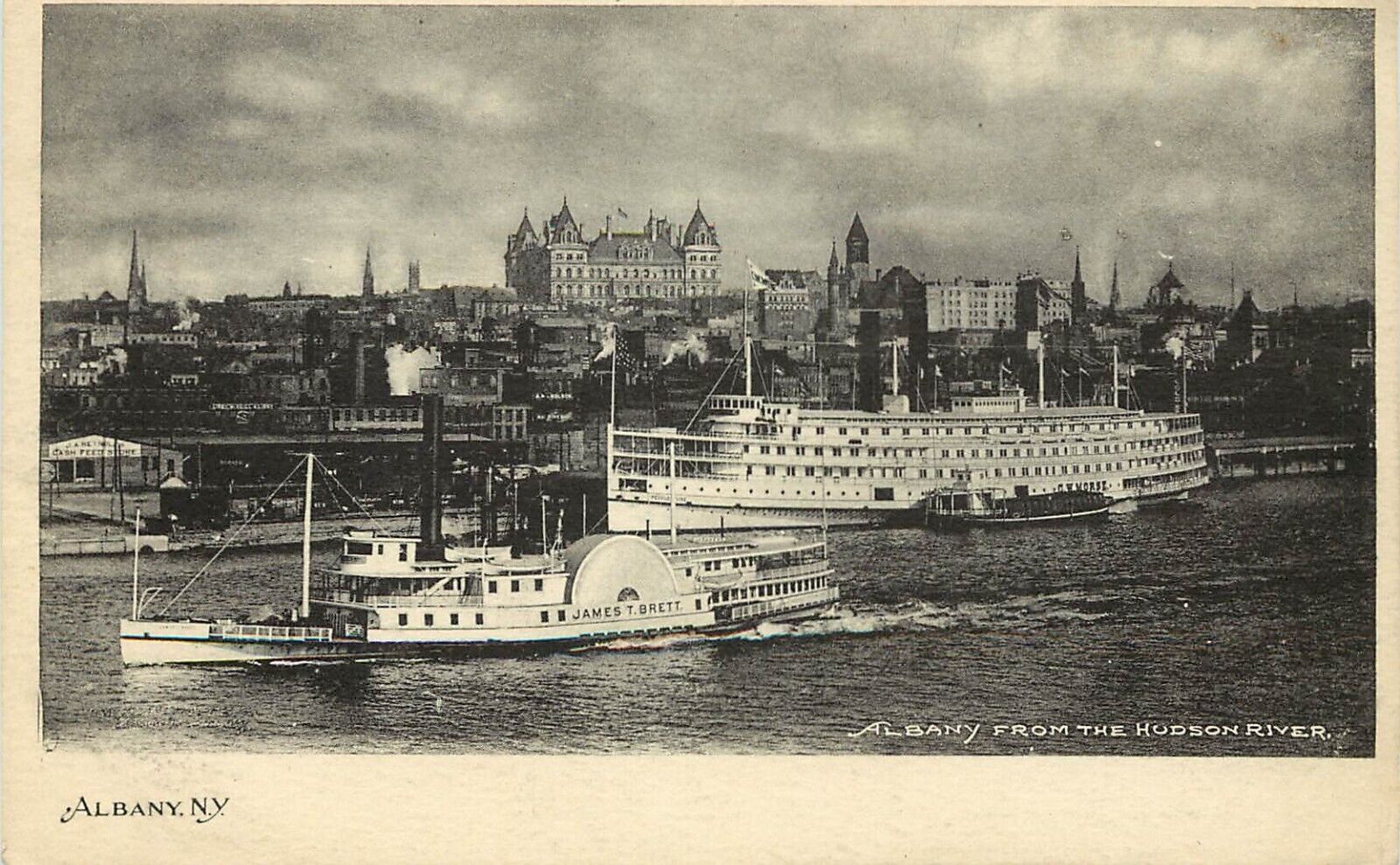 UDB Albertype Postcard Albany NY from Hudson River, Steamers & Skyline, Unposted