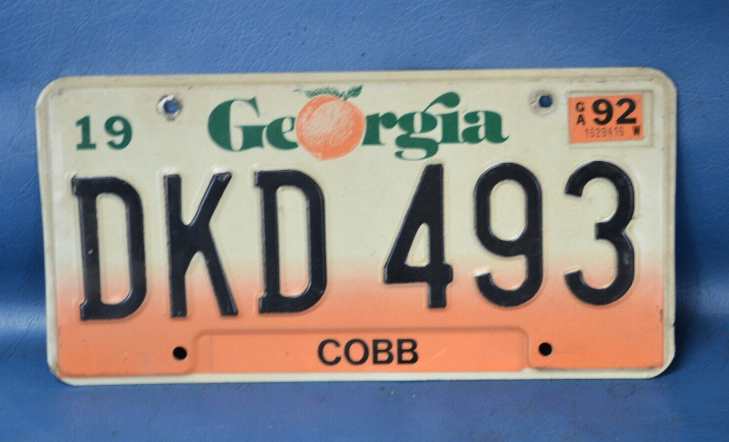 Vintage Georgia 1992 Peach Fade License Plate DKD 493 Cobb County Collectible