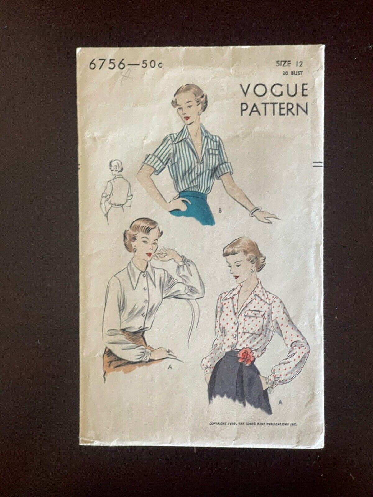 Vintage ORIGINAL 1950 VOGUE Women\'s Blouse Sewing Pattern Vogue 6756 IMMACULATE