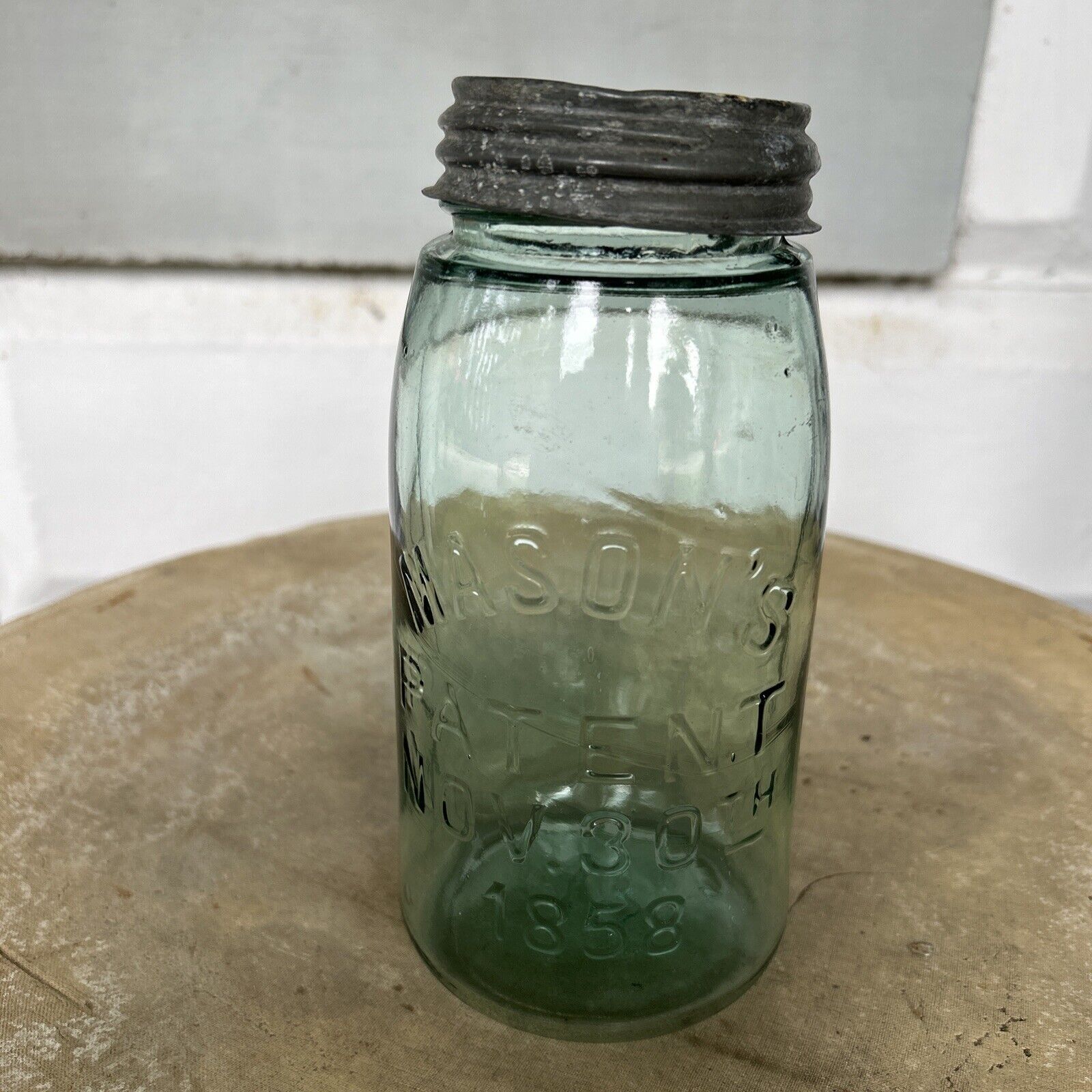 Mason’s Pat 1858 Aqua Quart Qt Canning Jar + Lid Ground Zinc Liner No 13.
