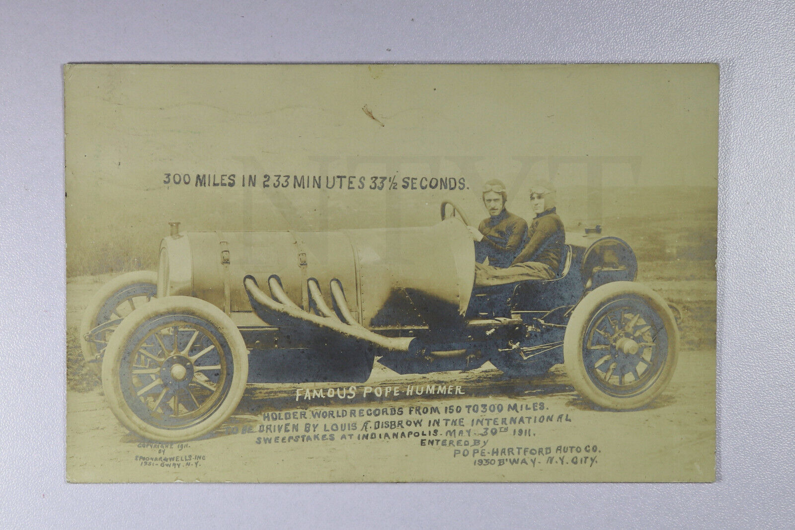 AMAZING 1911 Louis Disbrow / Pope Hummer RPPC Post Card 1911 Inaugural Indy 500