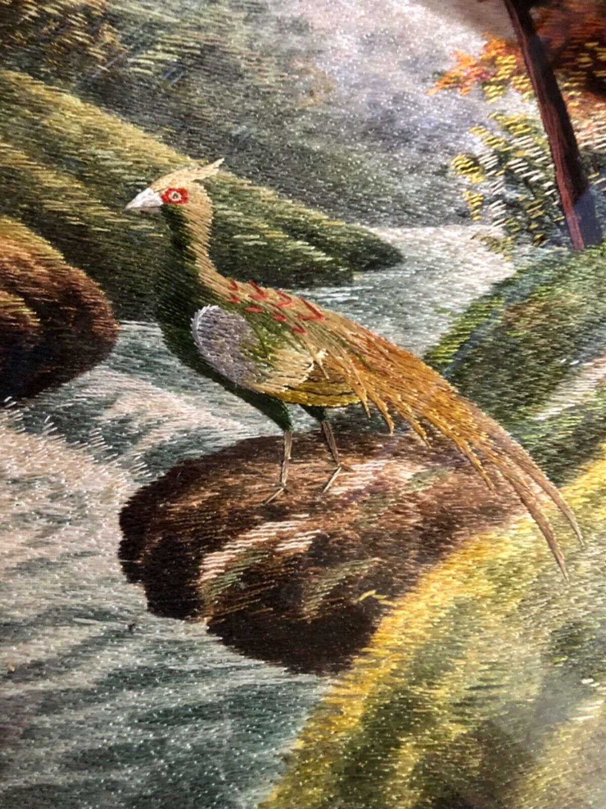 Magnificent Antique Asian Hand Stitched Silk Pheasant Art Framed ~23x17.5
