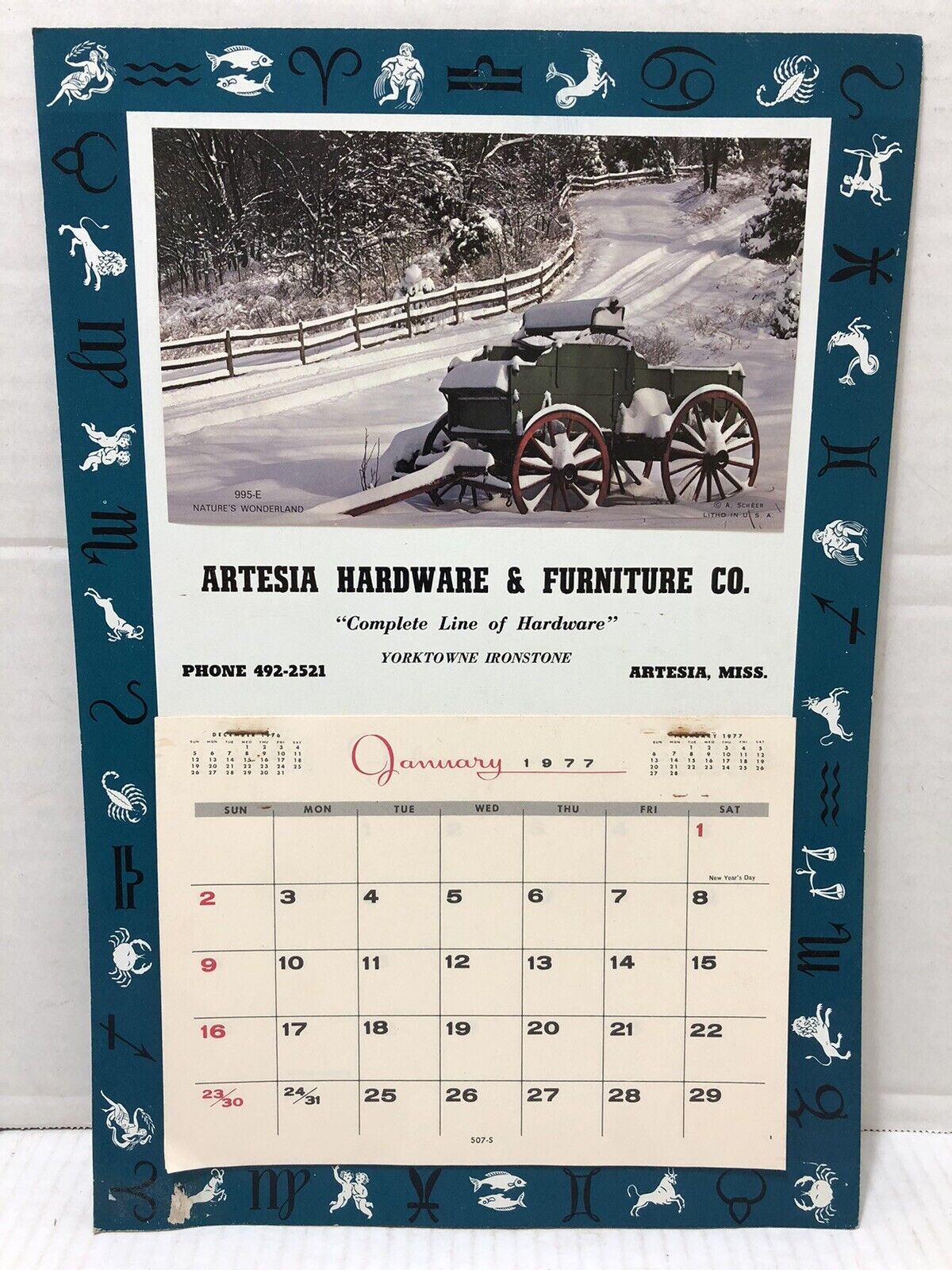 Vintage 1977 advertising Calendar ARTESIA (Mississippi) HARDWARE & FURNITURE