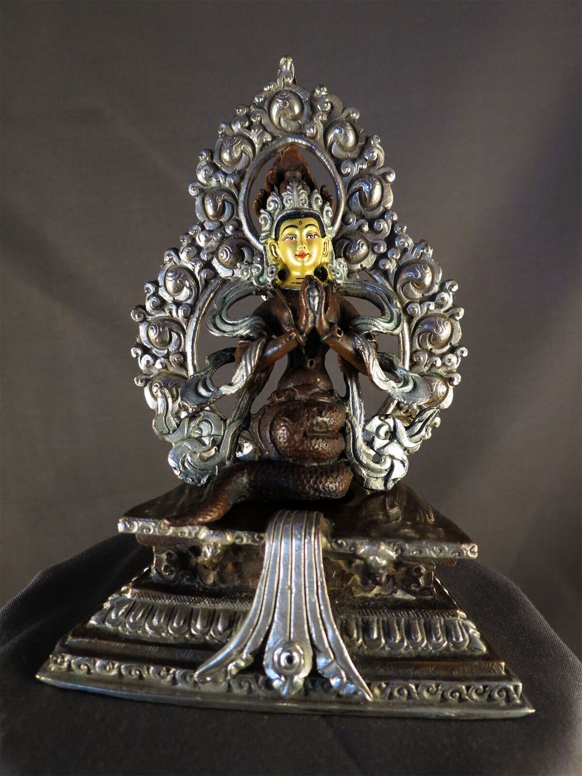 Hinduism Buddhism Goddess Naga kanya Queen Gold Face Copper Silver Oxide Statue