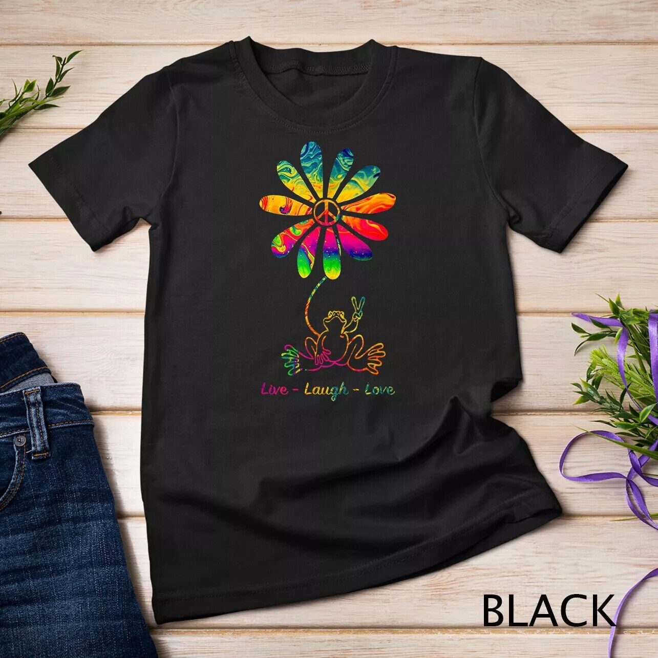 Peace Love Frog Hippie Flower Daisy Gift T-shirt S-5XL