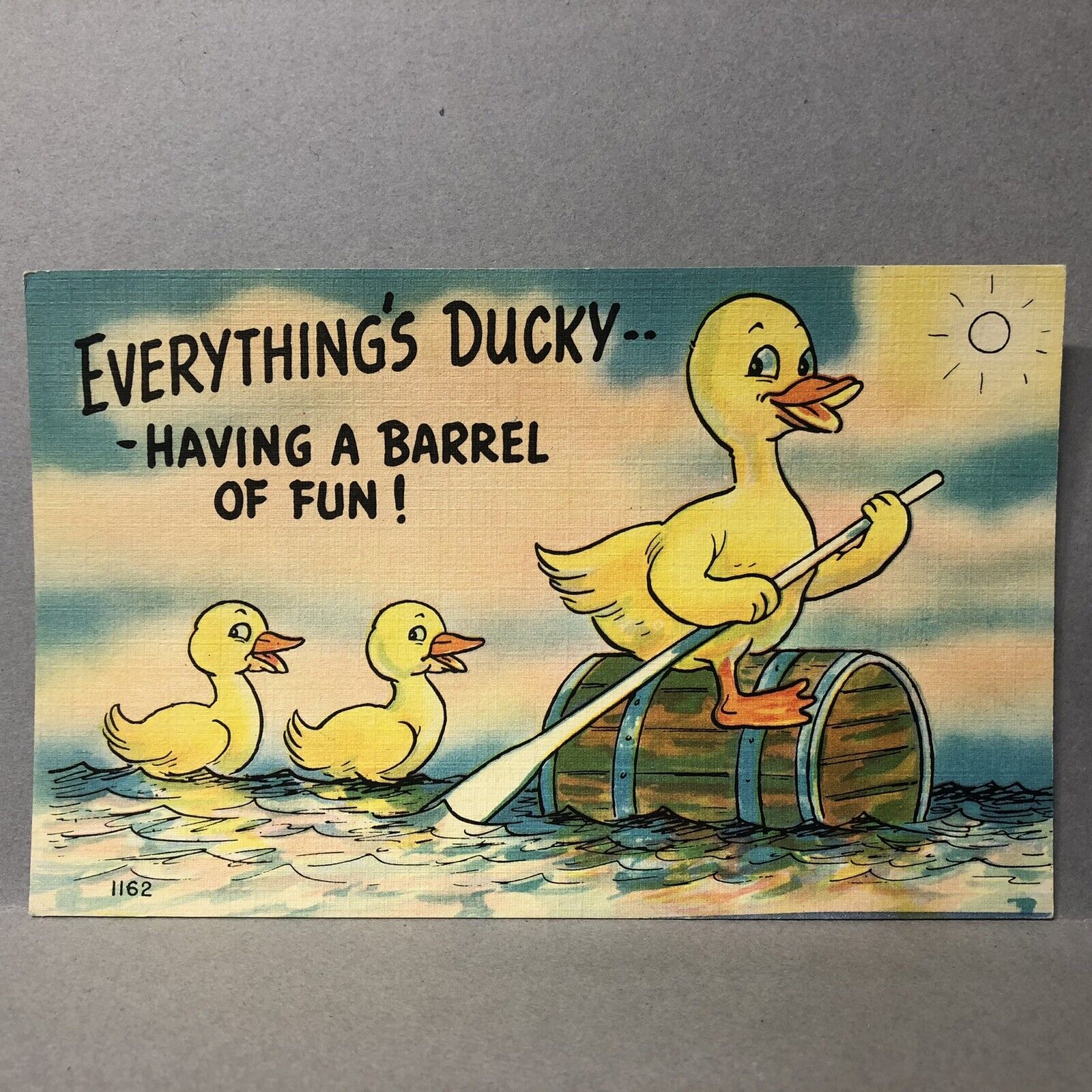 Postcard Comic Everythings Ducky Having A Barrel Of Fun  Ducks Humor 1952