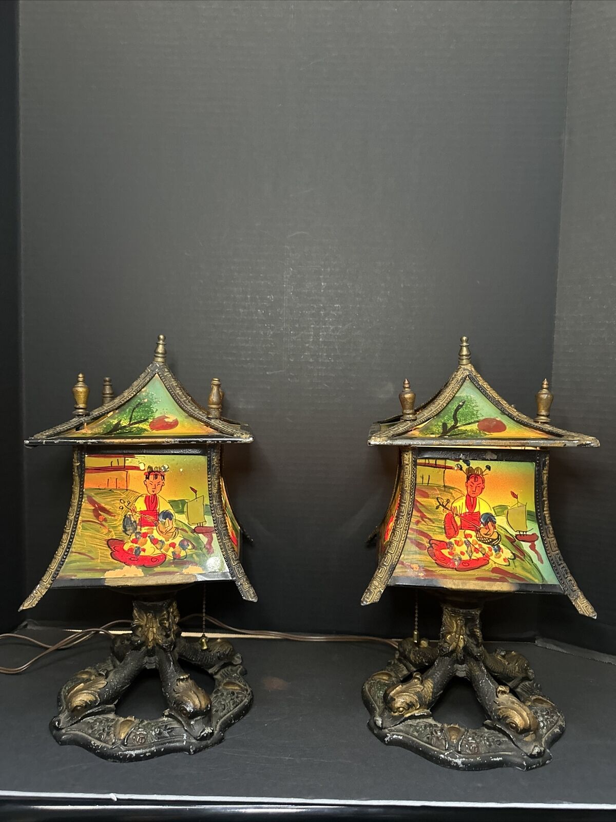 Antique Reverse Painted Asian Theme Boudoir Table Lamp Pair